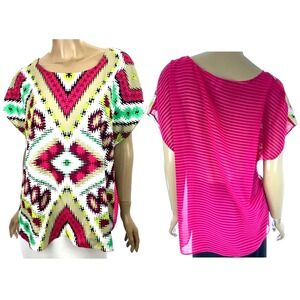 Madison Size XL Multi-Color Top Blouse Dolman Short Sleeve Polyester Abstract